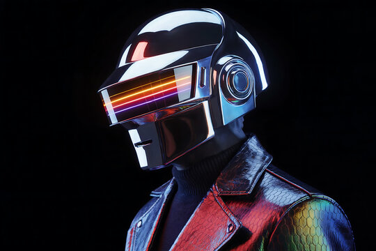 Futuristic robot head with reflective visor and leather jacket against dark background