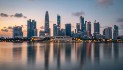 Fototapeta premium Bangkok skyline featuring towering structures at dusk, ideal for editorial header background