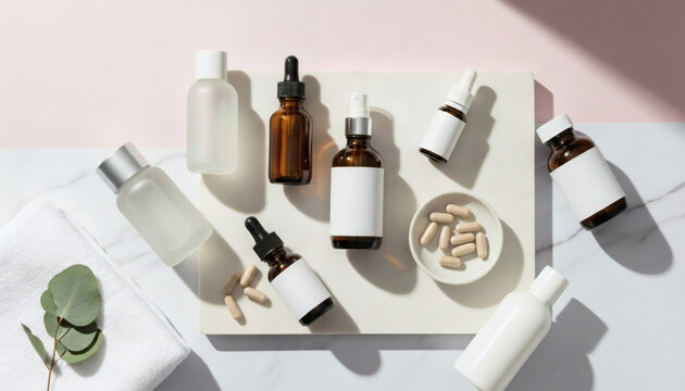Overhead shot of skincare bottles and supplements on white marble surface