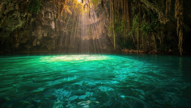 Radiant sunlight illuminating a cenote, highlighting the natural beauty and tranquility of the setting