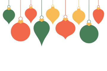 Illustration of hanging christmas ornaments in various shapes and colors on white