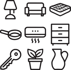 Set of 9 different home accessories silhouettes including furniture, décor, and household items. Minimal black vector icons for interior, lifestyle, and design use.