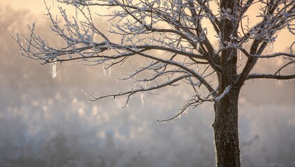 Obraz premium Apple tree coated in hoarfrost against a soft-focused background