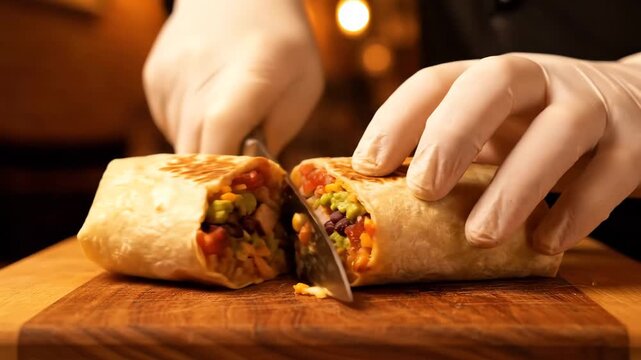 A chef in gloves carefully slices a large burrito on a wooden cutting board.