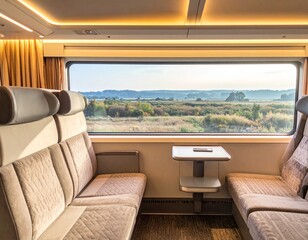 Interior of a train carriage with a scenic view of the countryside through the window