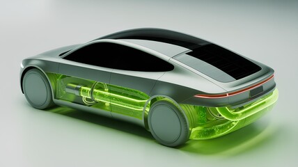 Futuristic car concept powered by algae fuel with a transparent design showcasing the alternative energy source