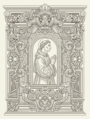 Fototapeta premium Detailed vintage engraving of praying monk in ornate baroque frame with floral scrolls and architectural elements.