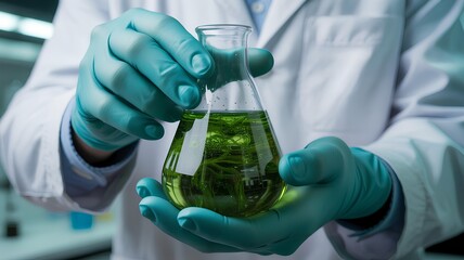 Scientist examining a sample of green algae for sustainable fuel development research