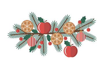Christmas decoration with pine branches apples cookies and striped ornaments
