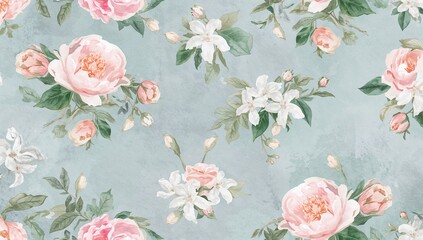 Seamless pattern featuring watercolor peonies and jasmine blooms on a turquoise grey background