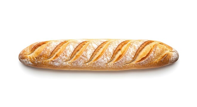 A long, crusty baguette with flour dusting isolated on white background