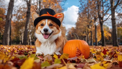 Naklejka premium Corgi dog wearing a stylish black hat resting in a fall park with a pumpkin, playful theme for Halloween