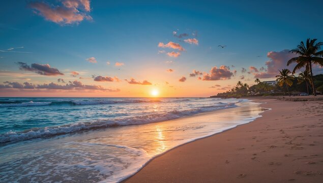 Vibrant tropical sunrise over the shoreline, enhancing morning tranquility