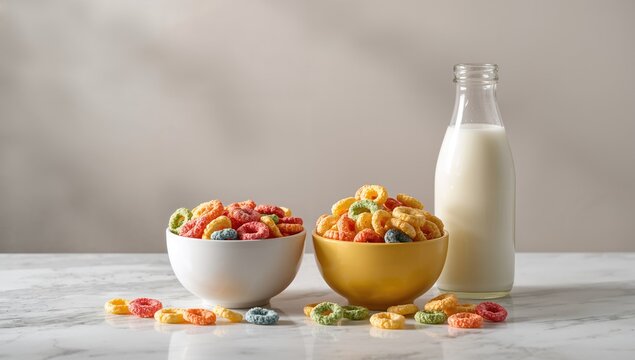 Bowls filled with vibrant sweet cereal rings and a milk bottle, fiber-dense choice