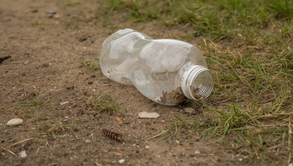 Obraz premium Used Plastic Bottle discarded on the ground, contributing to environmental pollution