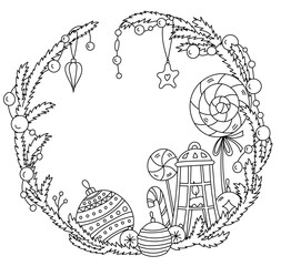 Christmas Wreath Made Of Fir Branches With Ornaments And Candy Coloring Page For Children And Adults