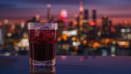 Glass of grape juice with vibrant city lights, beneficial beverage choice, celebration ambiance