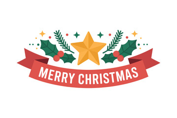 Merry christmas banner with a star holly leaves and pine branches on a white background
