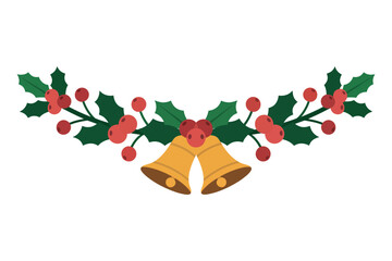 Christmas garland with golden bells holly leaves and red berries on white background