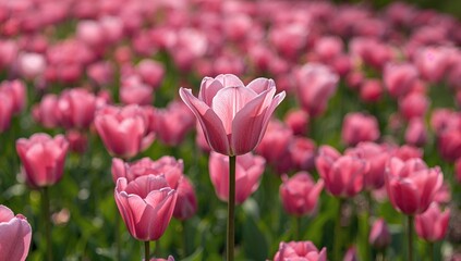 Fototapeta premium Pink tulip field blooming in spring, ideal backdrop for floral layouts