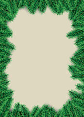 Vector christmas frame with pine branches with yellow space for design.