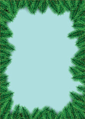 Vector christmas frame with pine branches with blue space for design.