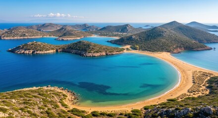 Aerial view of turquoise bay with sandbar and arid green hills