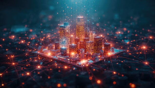 Creative depiction of an intelligent urban area with an abstract illustration of a connected network. - Powered by Adobe