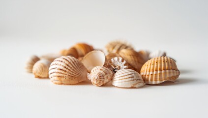 Detailed view of seashells on a plain white background