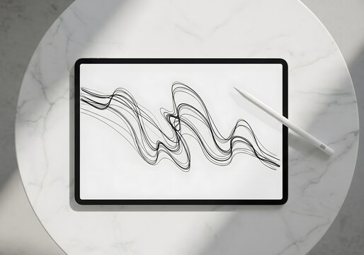 Digital tablet with stylus placed neatly on designer workspace.