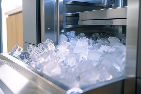Close up of ice cubes filling refrigerator ice maker tray in modern kitchen appliance with stainless steel interior and exterior