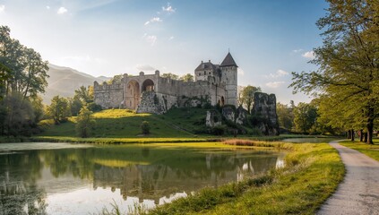 Obraz premium Ancient Castle Ruins Amidst Lush Greenery and Clear Skies