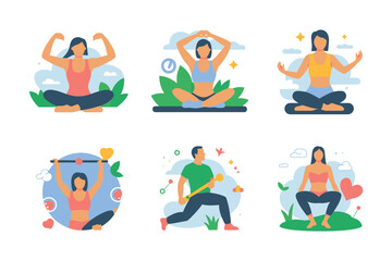 Various yoga and fitness poses depicted in flat vector illustration style art
