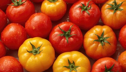 Bright red and yellow tomatoes glistening with water droplets