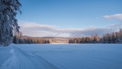 Obraz premium Beautiful winter landscape featuring a snow-covered forest and ice-laden trees, showcasing seasonal change
