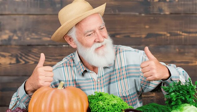 Anciano feliz mostrando su cosecha de verduras  con los pulgares hacia arriba