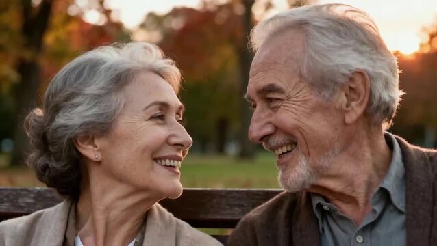  Pareja de ancianos compartiendo historias sentados en un banco de madera en un parque