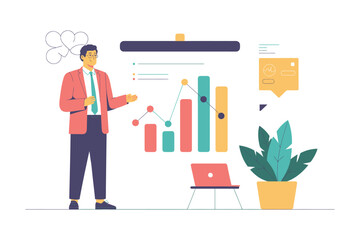 Man presenting a graph on a whiteboard with laptop and plant in the background