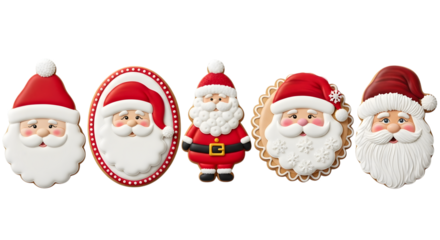 Five different santa claus cookies and decorations isolated on transparent background