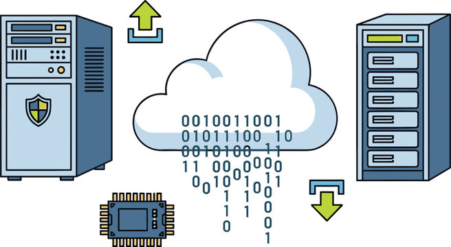Cloud computing data transfer illustration with secure server, binary code, microchip processor, storage unit, upload download arrows, technology infrastructure, cybersecurity
