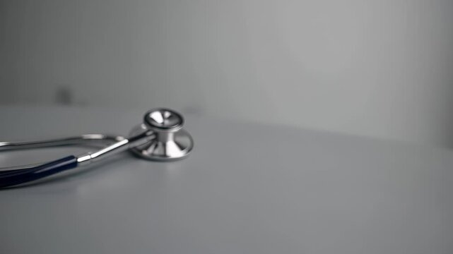 A shiny stethoscope rests on a smooth surface, emphasizing its medical significance in healthcare. The stethoscope represents a connection to doctors and patient care settings.