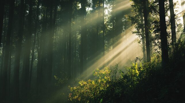 lush green forest with sunlight rays through trees, misty atmosphere, fresh morning light, calm and peaceful mood, nature conservation concept