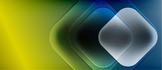 Abstract composition featuring layered squares, gradients. Yellow transitions into blue, creating modern visual effect. Smooth shapes dominate.