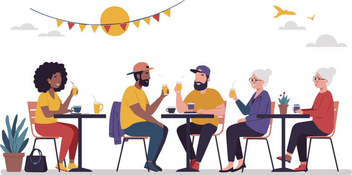 Diverse friends and family gather outdoors, enjoying refreshing drinks. A vibrant summer scene depicting social connection, relaxation, and a festive atmosphere at a sunny cafe