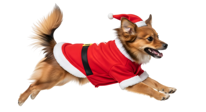 A small, fluffy dog wearing a santa claus costume, running and jumping with joy, isolated on transparent background