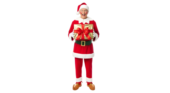 Elderly man dressed as santa claus holding a wrapped gift, isolated on transparent background