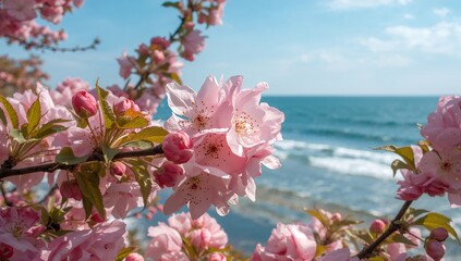 Soft pink sour cherry blossoms flourishing beside a vast azure ocean under gentle sunlight and a mild breeze, bright and vibrant floral postcard with ample space for text