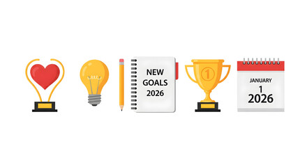 New Year 2026 goal setting concept with a collection of vector icons for planning resolutions, tracking success, and celebrating achievements