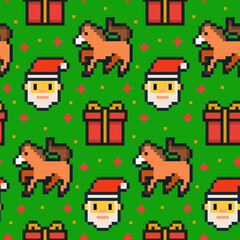 Seamless pixel art Christmas pattern featuring Santa Claus, red gift boxes and horses on a green background. Retro 8 bit winter theme perfect for holiday wrapping paper, textile prints, wallpapers