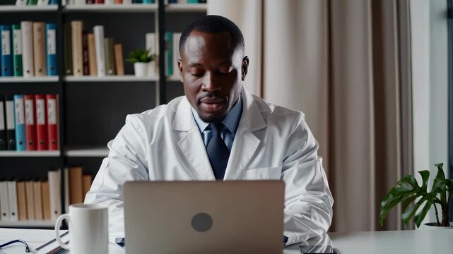 A male doctor in a white coat sits at a desk with a laptop, ready for a consultation in a well-organized office. The doctor, laptop, and soothing atmosphere indicate professionalis